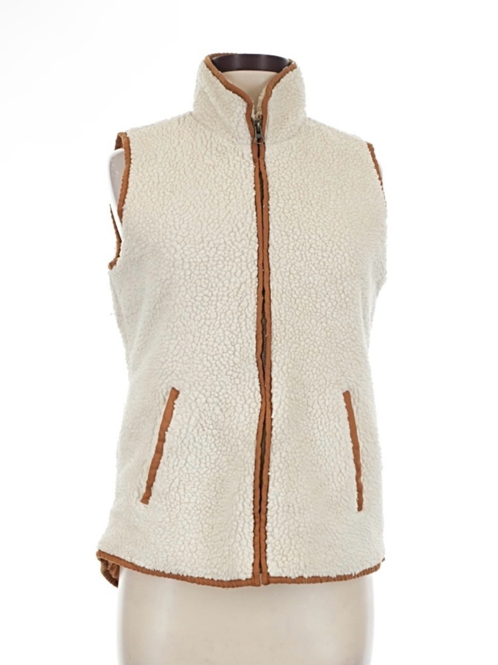Old Navy Cream Sherpa Zip-Front Vest with Tan Trim L